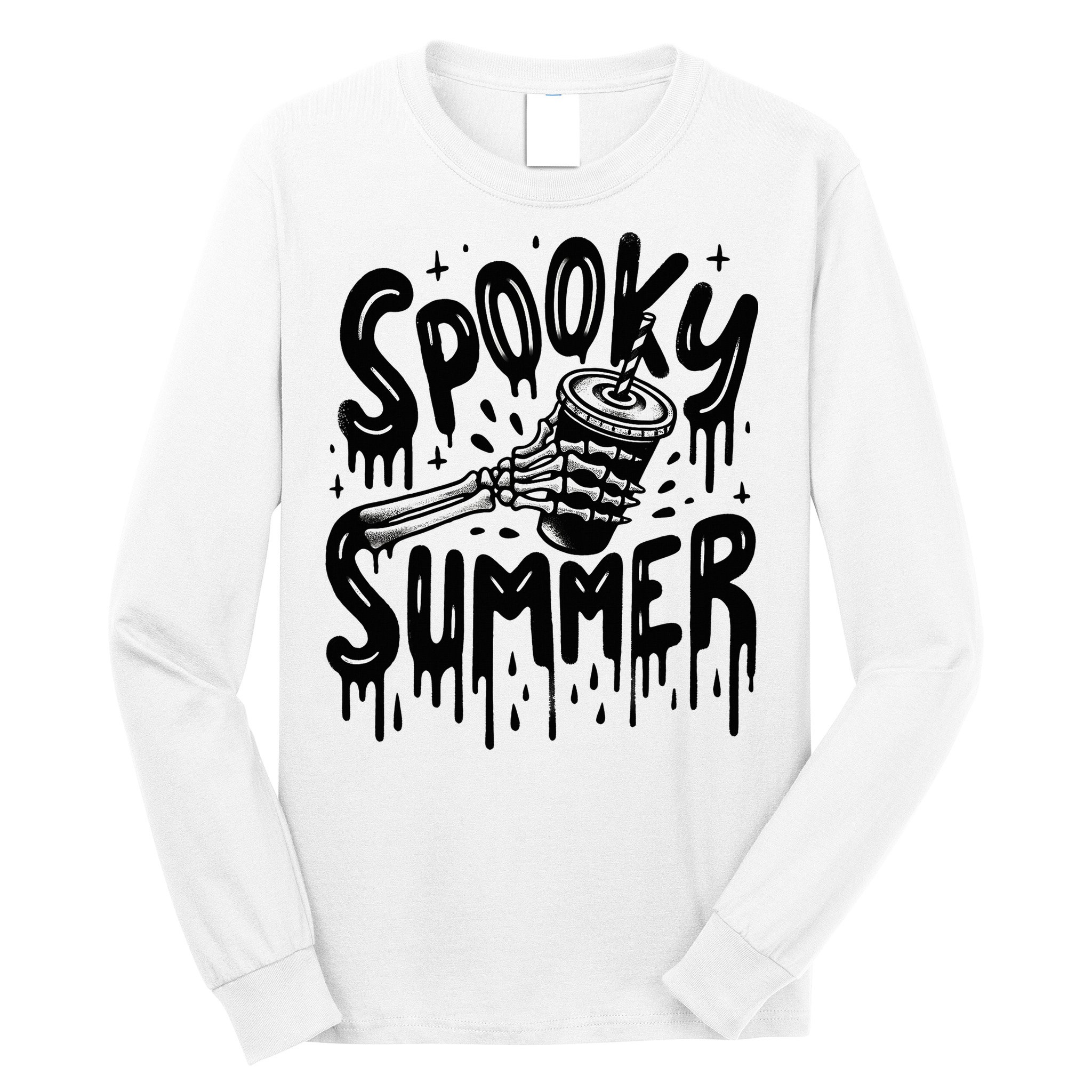 Summerween Spooky Summer Skeleton With Iced Coffee Long Sleeve Shirt