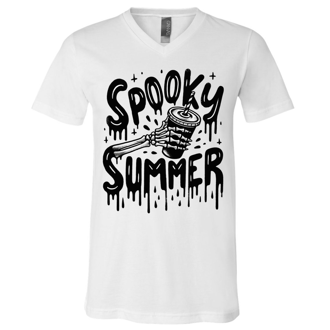 Summerween Spooky Summer Skeleton With Iced Coffee V-Neck T-Shirt
