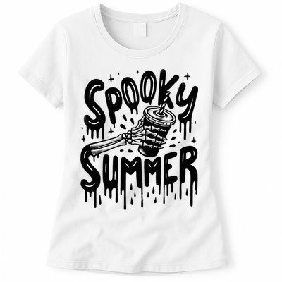 Summerween Spooky Summer Skeleton With Iced Coffee Womens T-Shirt