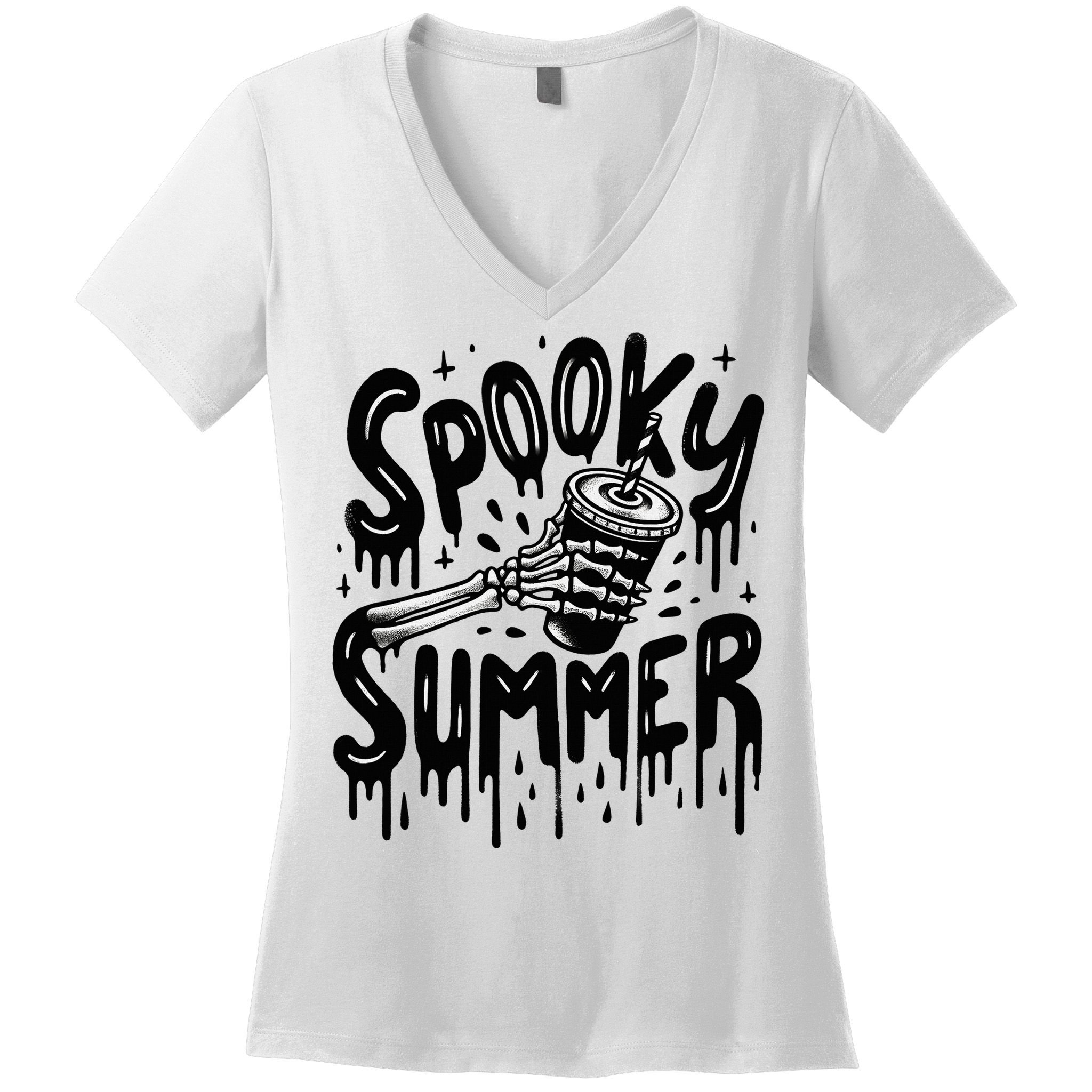 Summerween Spooky Summer Skeleton With Iced Coffee Women's V-Neck T-Shirt