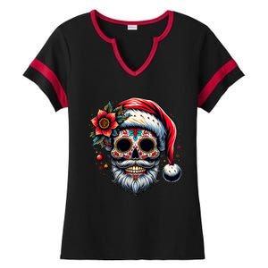 Santa Sugar Skull Mexican Calavera Christmas Ladies Halftime Notch Neck Tee