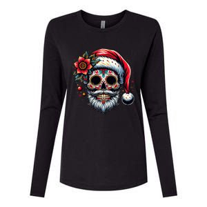 Santa Sugar Skull Mexican Calavera Christmas Womens Cotton Relaxed Long Sleeve T-Shirt