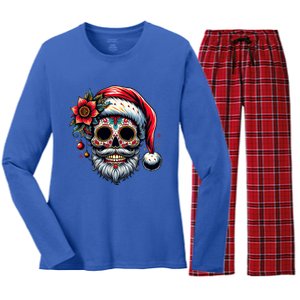 Santa Sugar Skull Mexican Calavera Christmas Women's Long Sleeve Flannel Pajama Set 