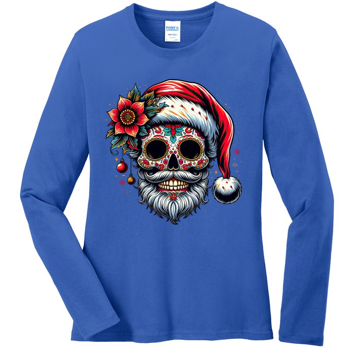 Santa Sugar Skull Mexican Calavera Christmas Ladies Long Sleeve Shirt