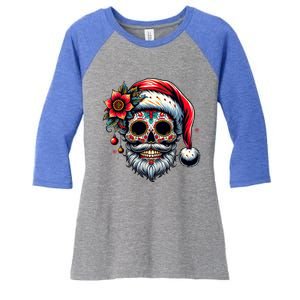 Santa Sugar Skull Mexican Calavera Christmas Women's Tri-Blend 3/4-Sleeve Raglan Shirt