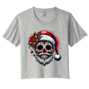 Santa Sugar Skull Mexican Calavera Christmas Women's Crop Top Tee