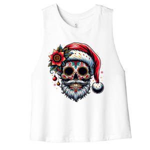 Santa Sugar Skull Mexican Calavera Christmas Women's Racerback Cropped Tank