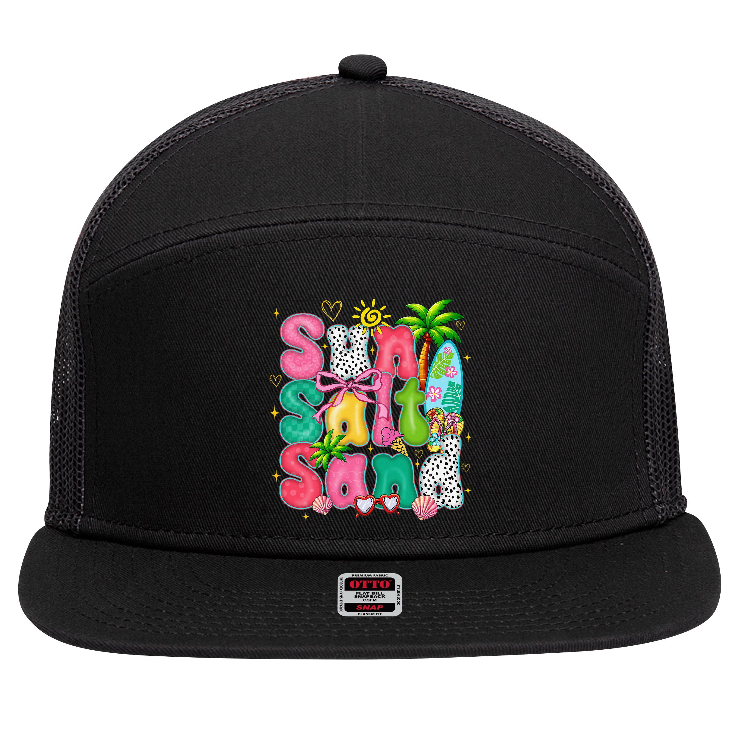 Sun Salt Sand Coquette Bow Palm Summer Vibes Beach Trip 7 Panel Mesh Trucker Snapback Hat