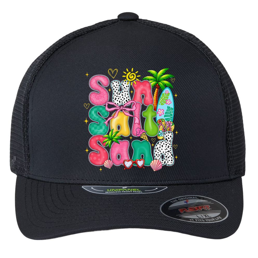 Sun Salt Sand Coquette Bow Palm Summer Vibes Beach Trip Flexfit Unipanel Trucker Cap