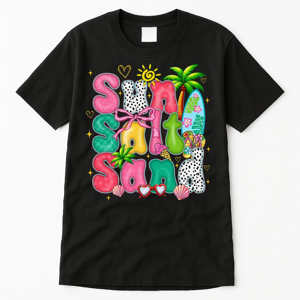 Sun Salt Sand Coquette Bow Palm Summer Vibes Beach Trip Tall T-Shirt