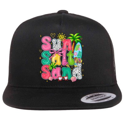 Sun Salt Sand Coquette Bow Palm Summer Vibes Beach Trip Flat Bill Trucker Hat