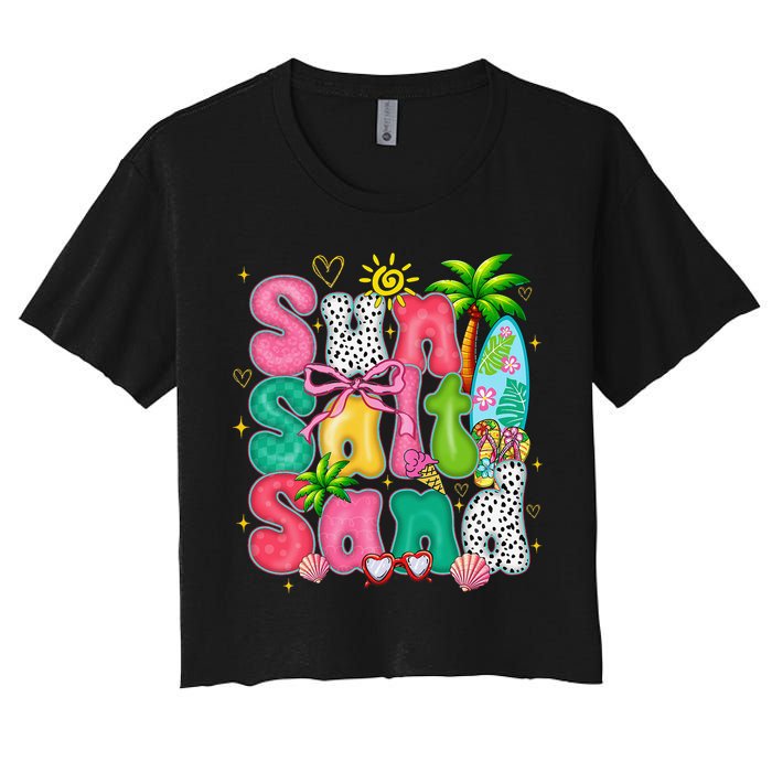 Sun Salt Sand Coquette Bow Palm Summer Vibes Beach Trip Women's Crop Top Tee
