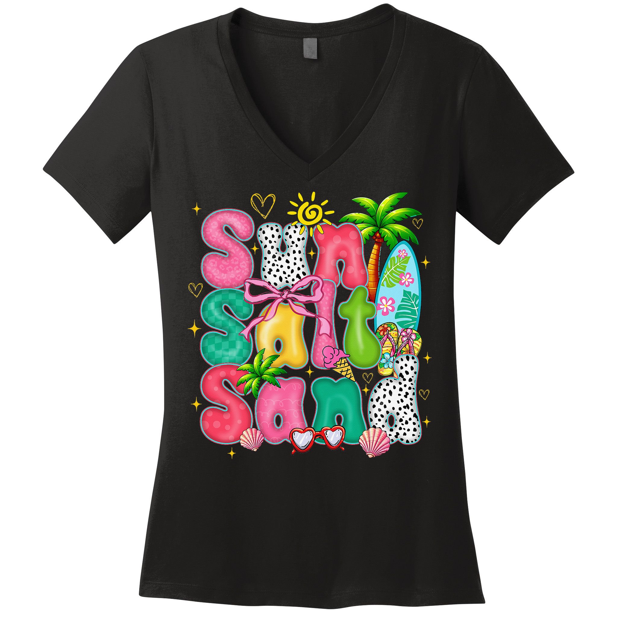 Sun Salt Sand Coquette Bow Palm Summer Vibes Beach Trip Women's V-Neck T-Shirt