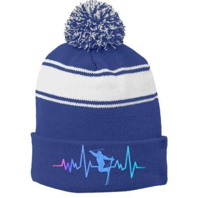 Skiing Skier Ski Instructor Heartbeat Winter Sports Ski Cool Gift Stripe Pom Pom Beanie