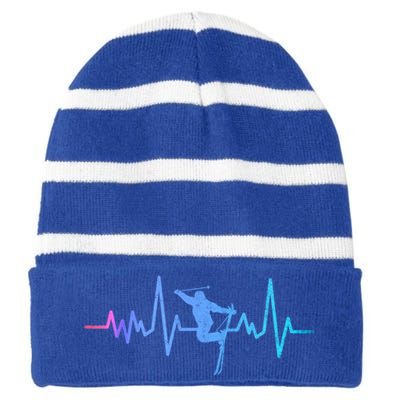 Skiing Skier Ski Instructor Heartbeat Winter Sports Ski Cool Gift Striped Beanie with Solid Band