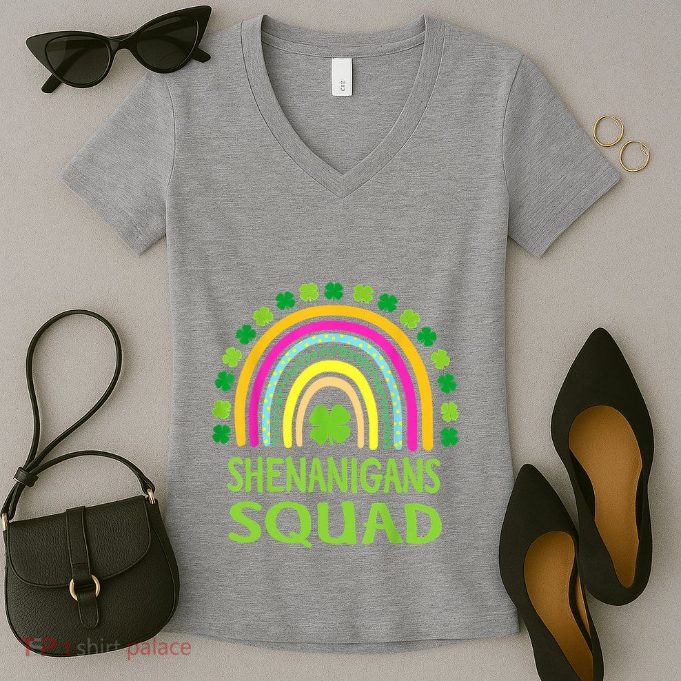 Shenanigans Squad St Patrick's Day Rainbow Shamrock Women's V-Neck T-Shirt