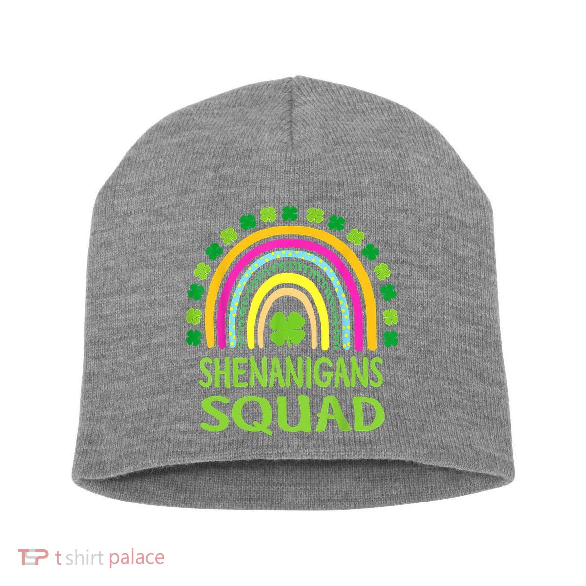 Shenanigans Squad St Patrick's Day Rainbow Shamrock Short Acrylic Beanie