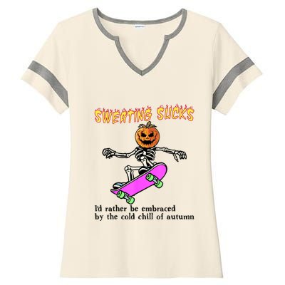 Sweating Sucks Skeleton Pumpkin Skateboard Ladies Halftime Notch Neck Tee