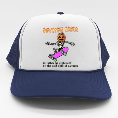 Sweating Sucks Skeleton Pumpkin Skateboard Trucker Hat