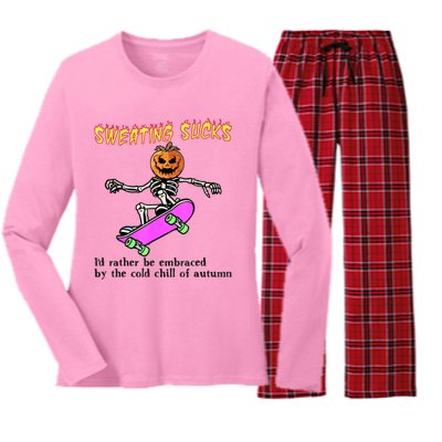 Sweating Sucks Skeleton Pumpkin Skateboard Women's Long Sleeve Flannel Pajama Set 