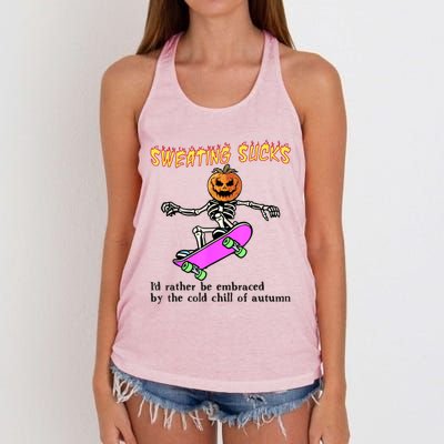 Sweating Sucks Skeleton Pumpkin Skateboard Women's Knotted Racerback Tank