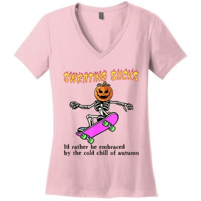 Sweating Sucks Skeleton Pumpkin Skateboard Women's V-Neck T-Shirt