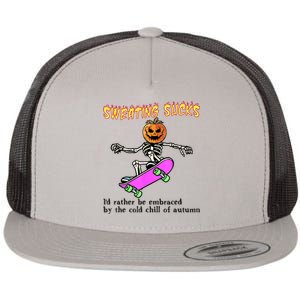 Sweating Sucks Skeleton Pumpkin Skateboard Flat Bill Trucker Hat