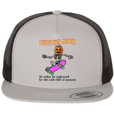 Sweating Sucks Skeleton Pumpkin Skateboard Flat Bill Trucker Hat