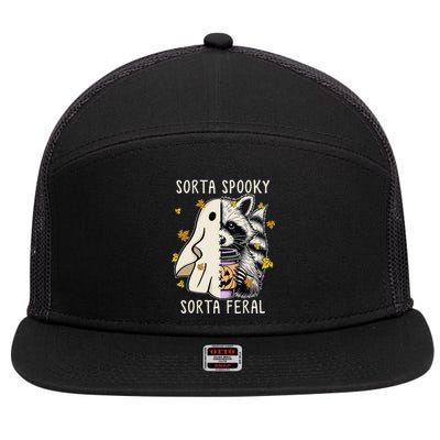 Sorta Spooky Sorta Feral Raccoon Halloween Feral 7 Panel Mesh Trucker Snapback Hat