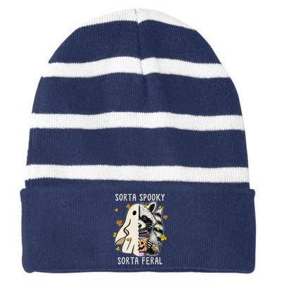 Sorta Spooky Sorta Feral Raccoon Halloween Feral Striped Beanie with Solid Band