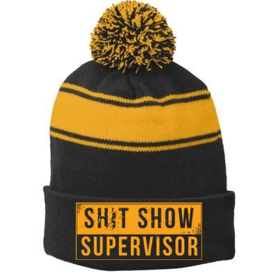 Shit Show Supervisor Funny Vintage Stripe Pom Pom Beanie