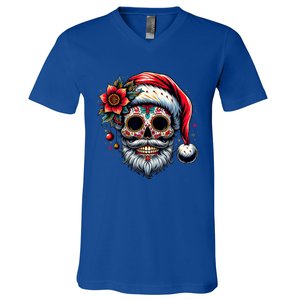 Santa Sugar Skull Mexican Calavera Christmas V-Neck T-Shirt