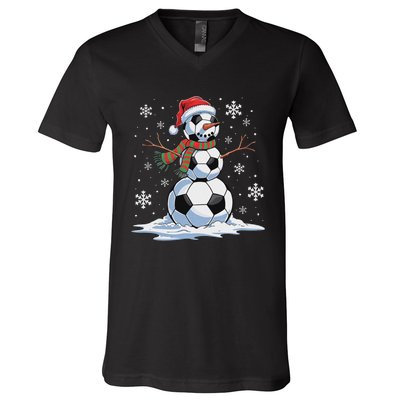 Soccer Snowman Soccer Player Santa Hat Christmas Funny V-Neck T-Shirt