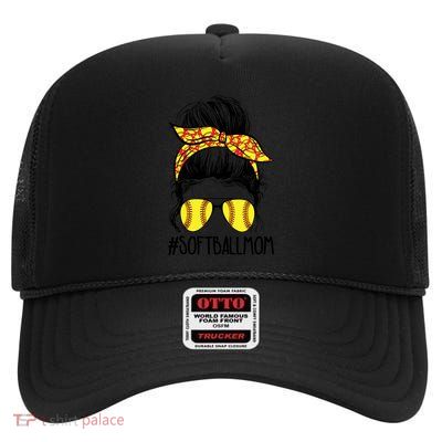 S Softball Sport Mom Messy Bun Mom Softball Glasses Gift High Crown Mesh Back Trucker Hat
