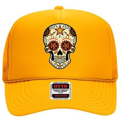 Sugar Skull Spanish Day Of Dead Dia De Los Muertos High Crown Mesh Back Trucker Hat