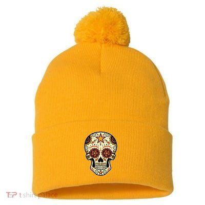 Sugar Skull Spanish Day Of Dead Dia De Los Muertos Pom Pom 12in Knit Beanie