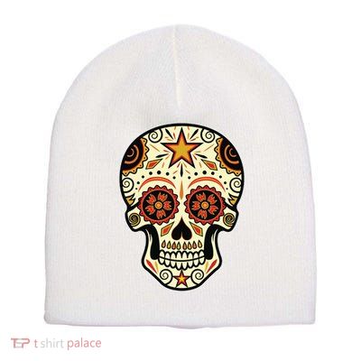 Sugar Skull Spanish Day Of Dead Dia De Los Muertos Short Acrylic Beanie