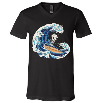 Skeleton Surfing Summer Surfer V-Neck T-Shirt