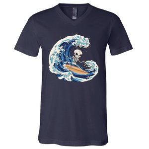 Skeleton Surfing Summer Surfer V-Neck T-Shirt