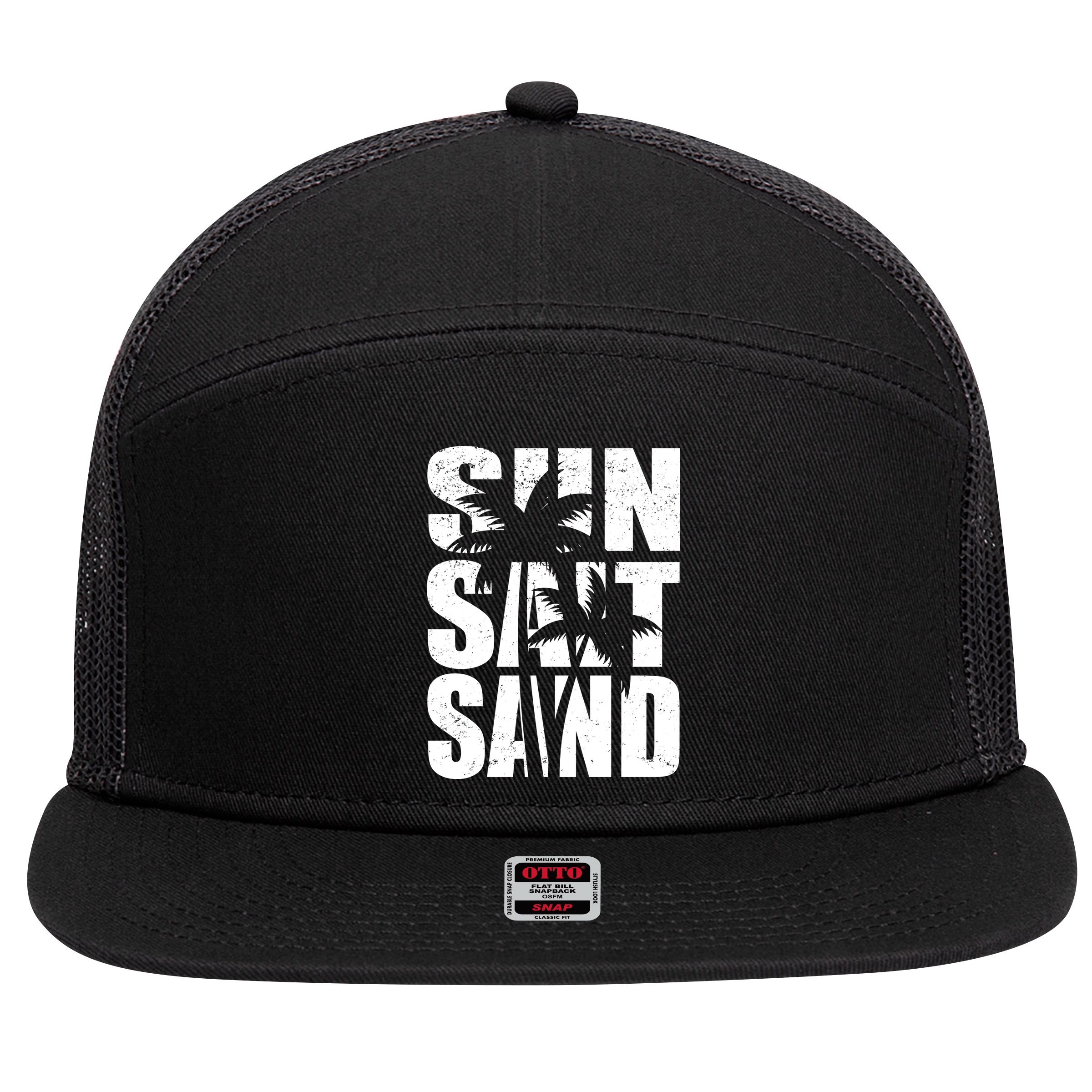Sun Salt Sand Palm Trees Summer Break 7 Panel Mesh Trucker Snapback Hat