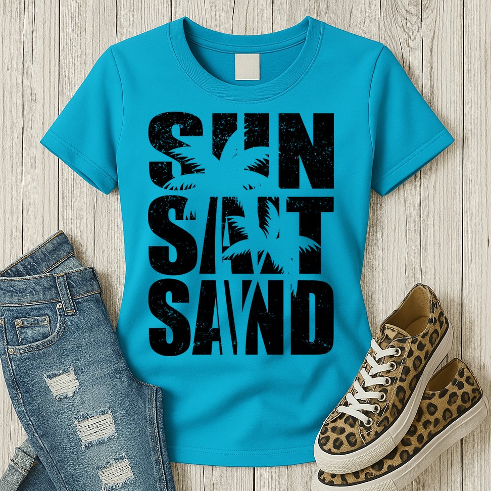 Sun Salt Sand Palm Trees Summer Break Womens T-Shirt