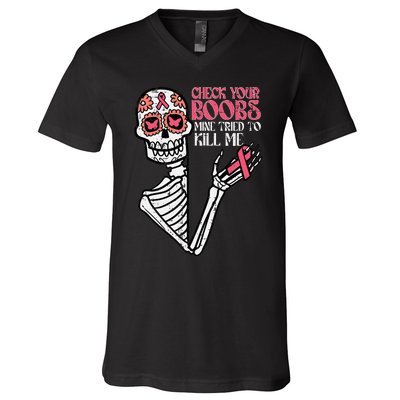 Sugar Skull Skeleton Breast Cancer Awareness V-Neck T-Shirt