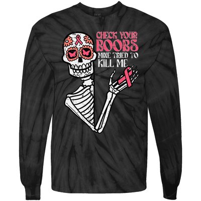 Sugar Skull Skeleton Breast Cancer Awareness Tie-Dye Long Sleeve Shirt