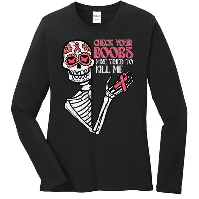 Sugar Skull Skeleton Breast Cancer Awareness Ladies Long Sleeve Shirt