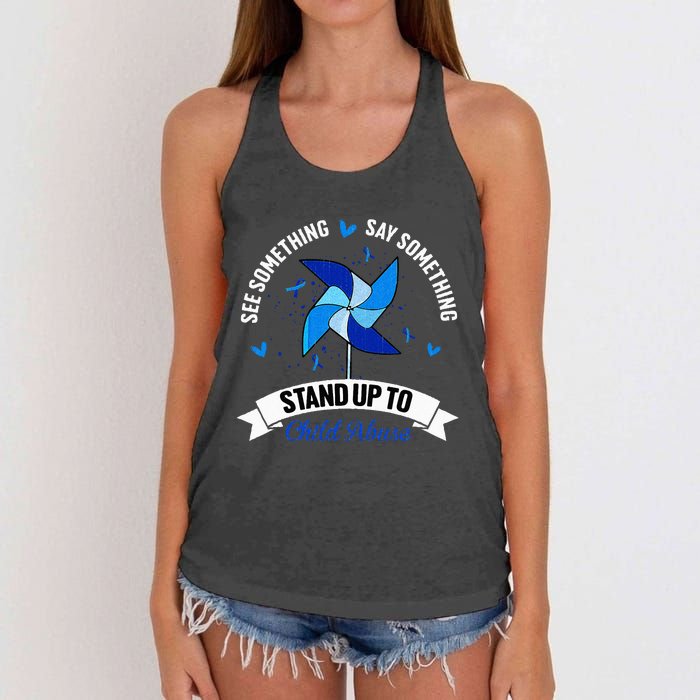 See Something Say Something Child Abuse Awareness Pinwheel Women's Knotted Racerback Tank