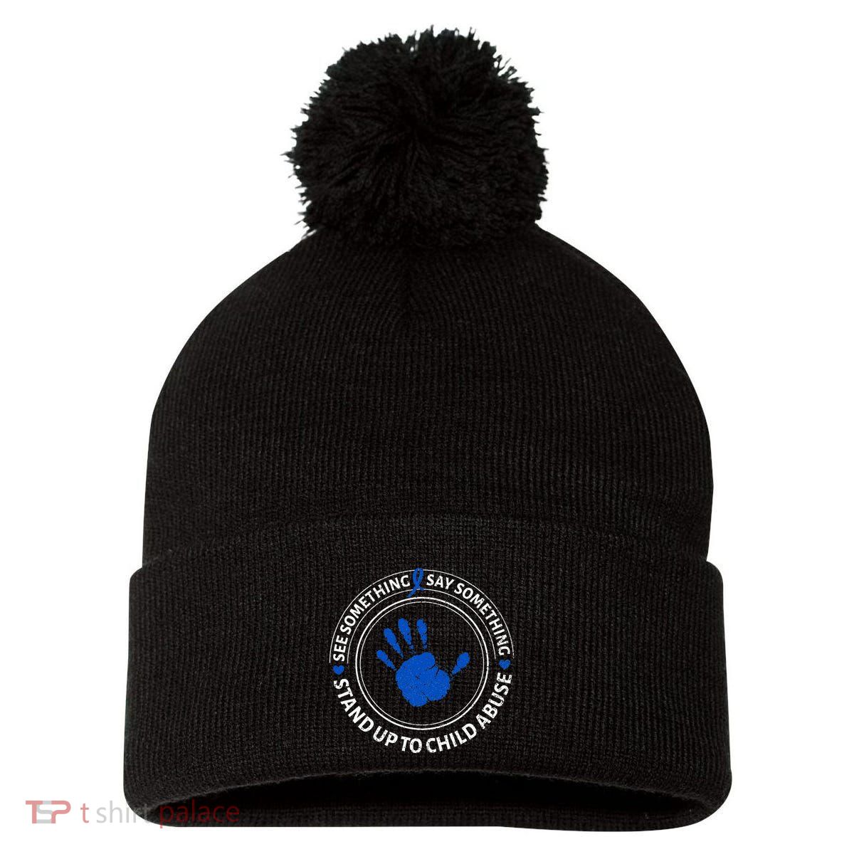 See Something Say Something Child Abuse Awareness Ribbon Pom Pom 12in Knit Beanie