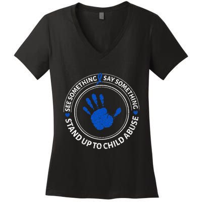 See Something Say Something Child Abuse Awareness Ribbon Women's V-Neck T-Shirt