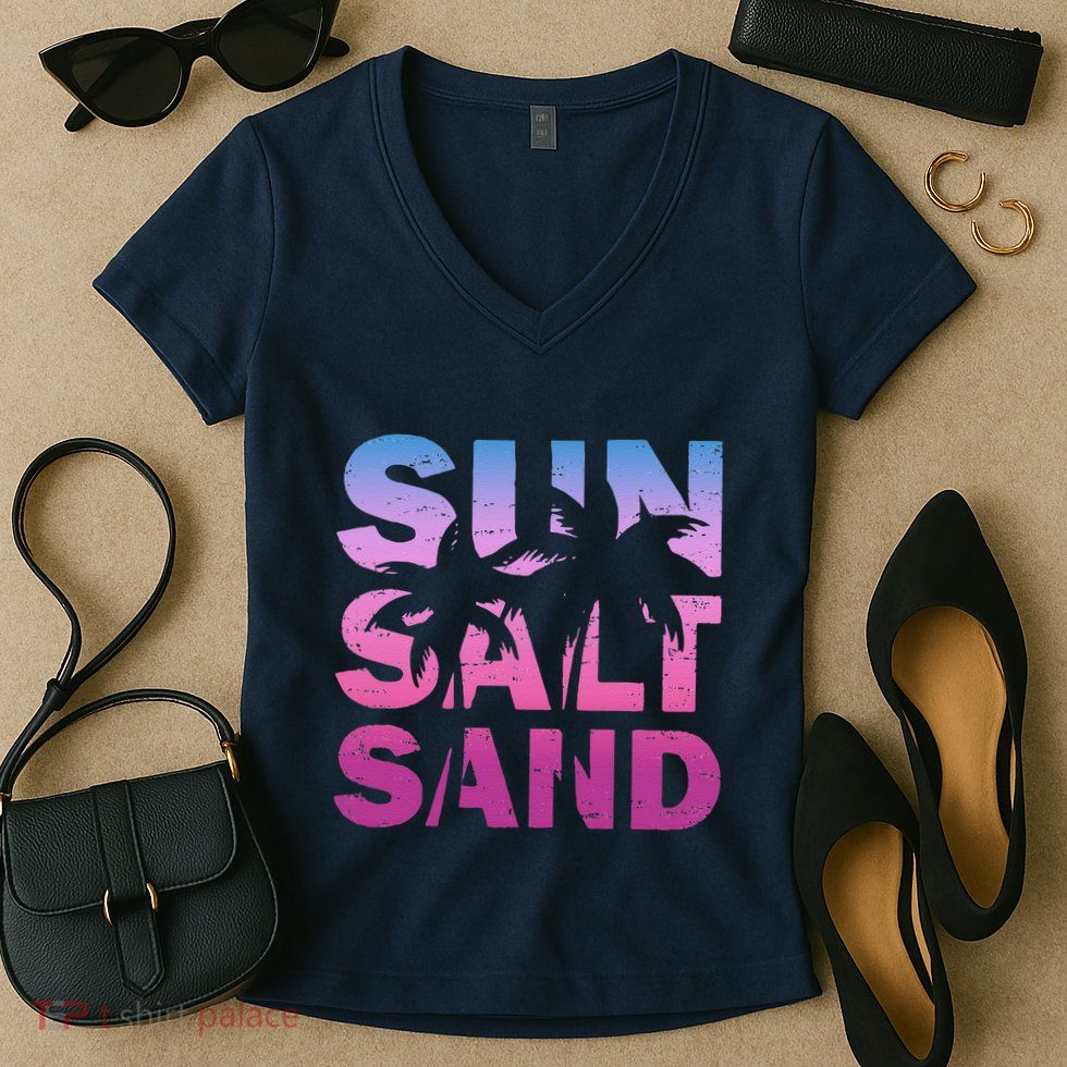 Sun Salt Sand Funny Palm Sun Retro Beach Summer Women's V-Neck T-Shirt