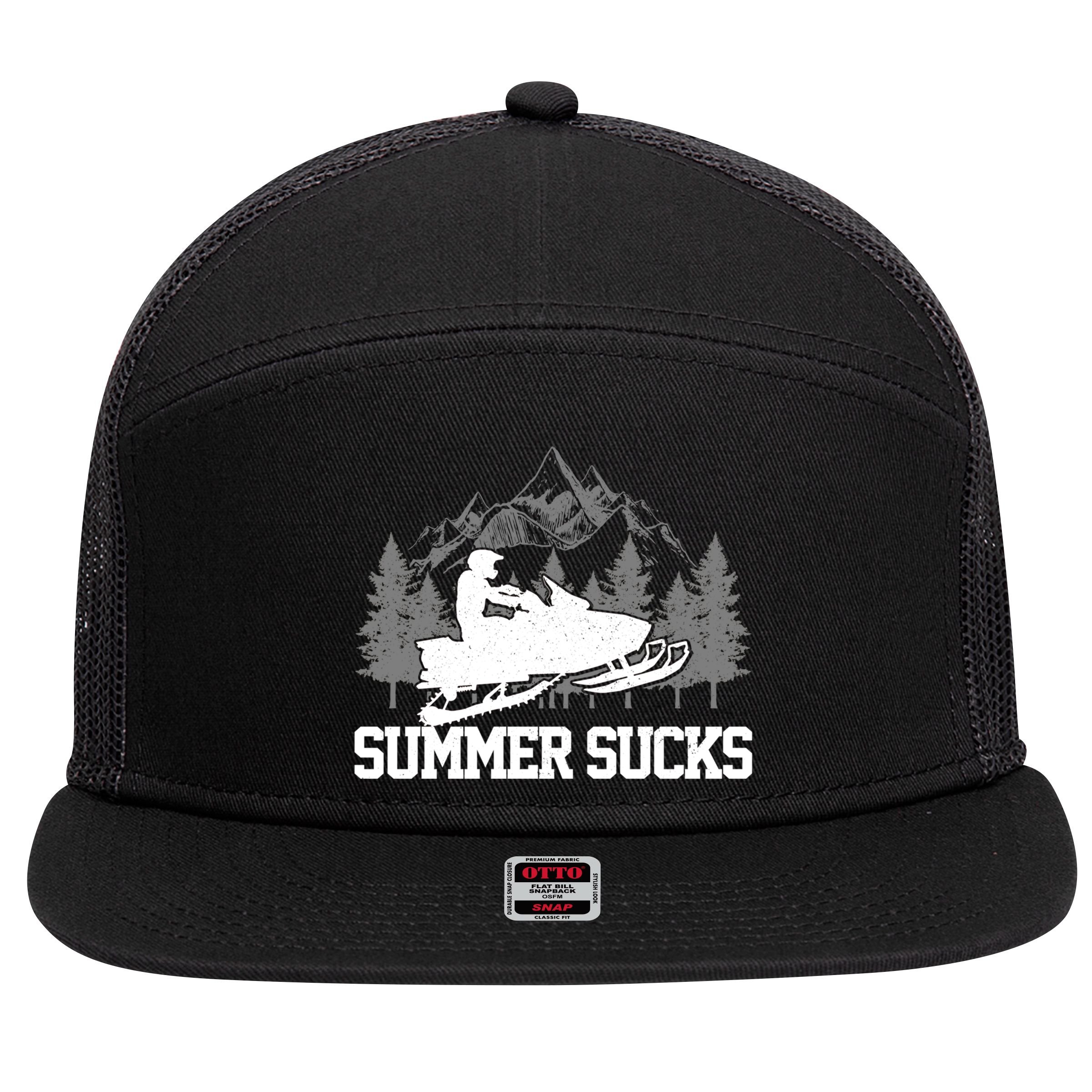 Snowmobile Summer Sucks Funny Motor Sled Vintage Gift 7 Panel Mesh Trucker Snapback Hat
