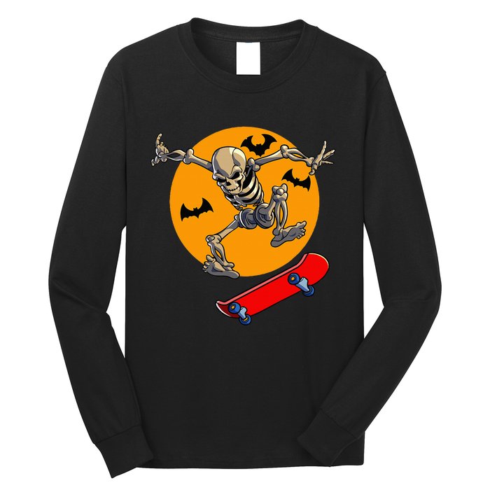 Spooky Skateboarding Skeleton Halloween Skateboarder Long Sleeve Shirt